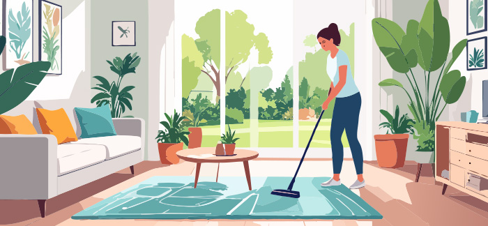 An illustration of a woman cleaning her entire home.