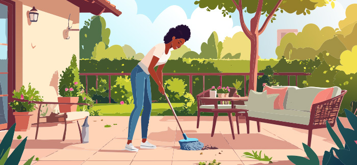 An illustration of a woman cleaning the outdoor area of her home.