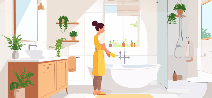 An illustration of a woman cleaning her bathroom.