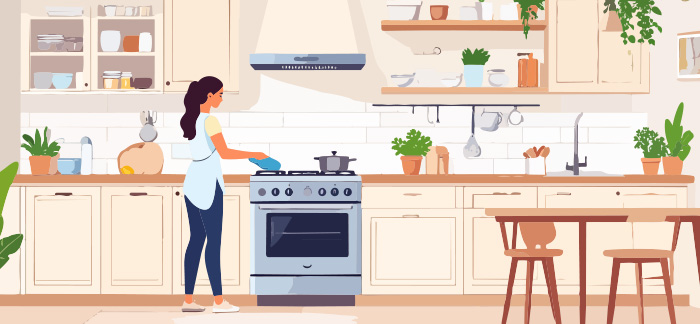 An illustration of a woman cleaning her kitchen.
