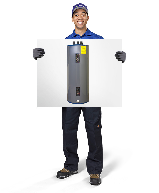 1-800-GOT-JUNK? Truck Team Member holding an image of a water heater