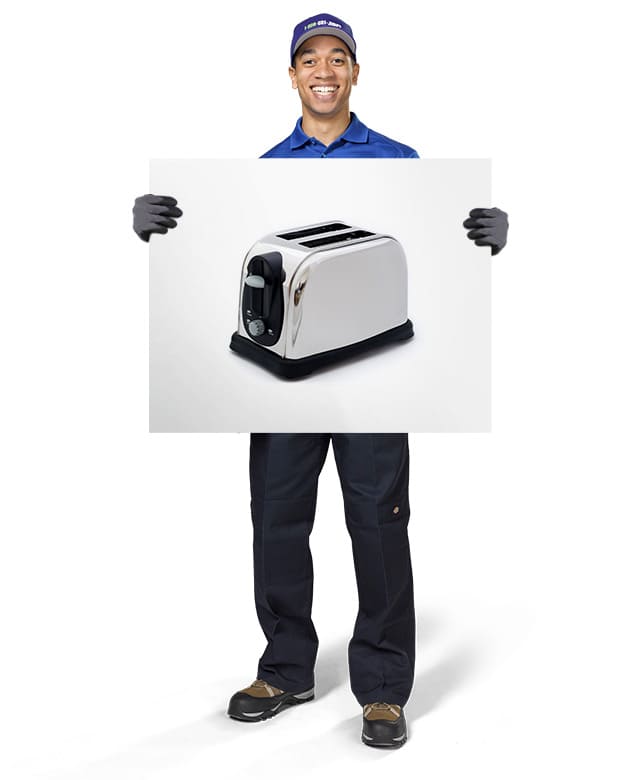 1-800-GOT-JUNK? Truck Team Member holding an image of a toaster