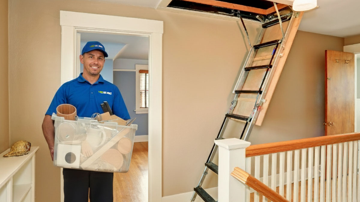 1-800-GOT-JUNK? truck team member carries a box filled with clutter down an attic ladder.