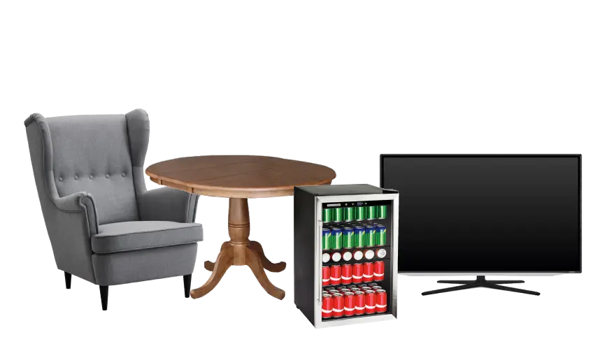 A couch, table, bookshelf and TV to illustrate a small truckload for 1-800-GOT-JUNK?