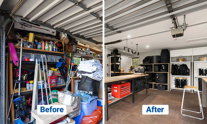 A before and after photo of a cluttered house that was cleaned out.